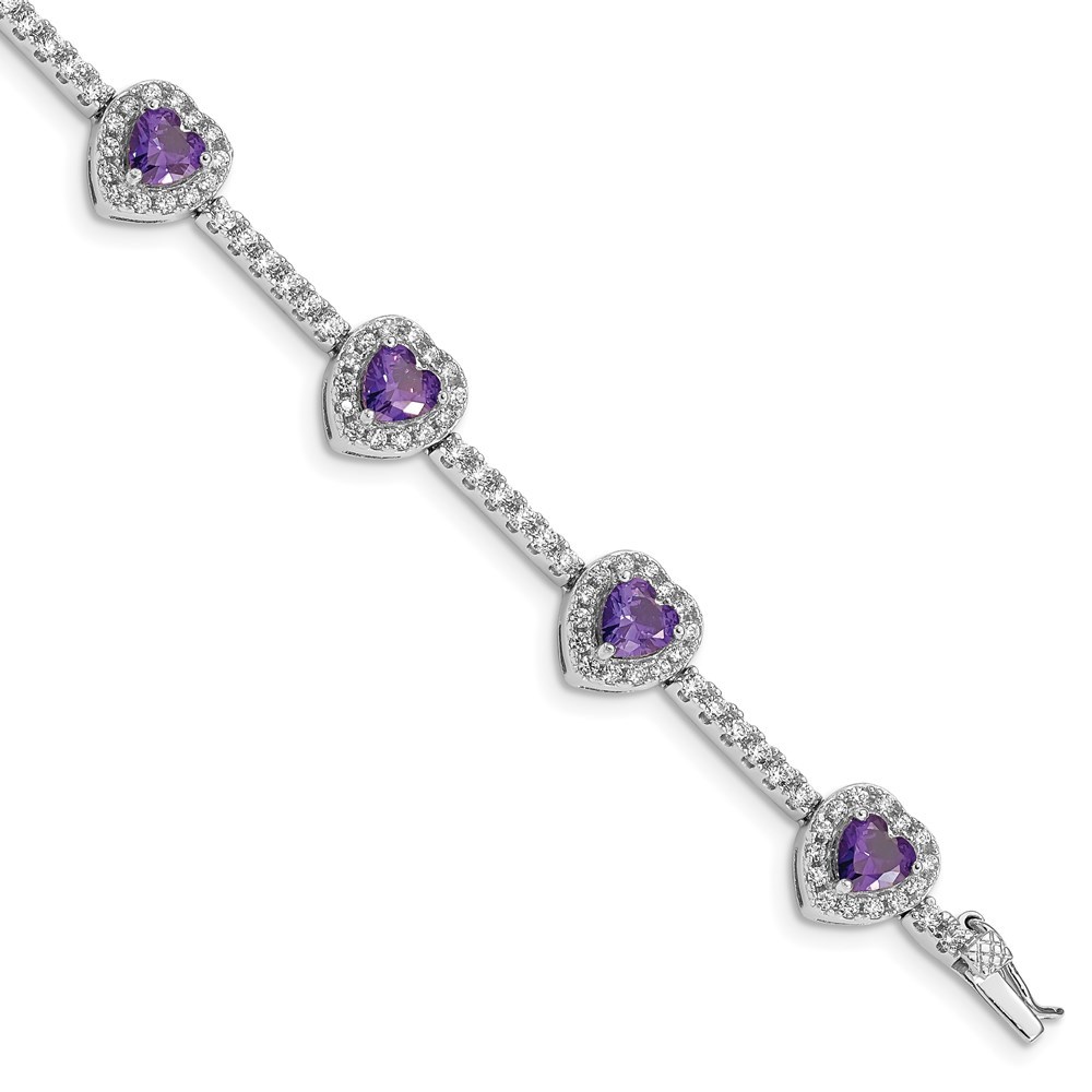 925 Sterling Silver Amethyst and Clear CZ Heart Bracelet, 7 Length